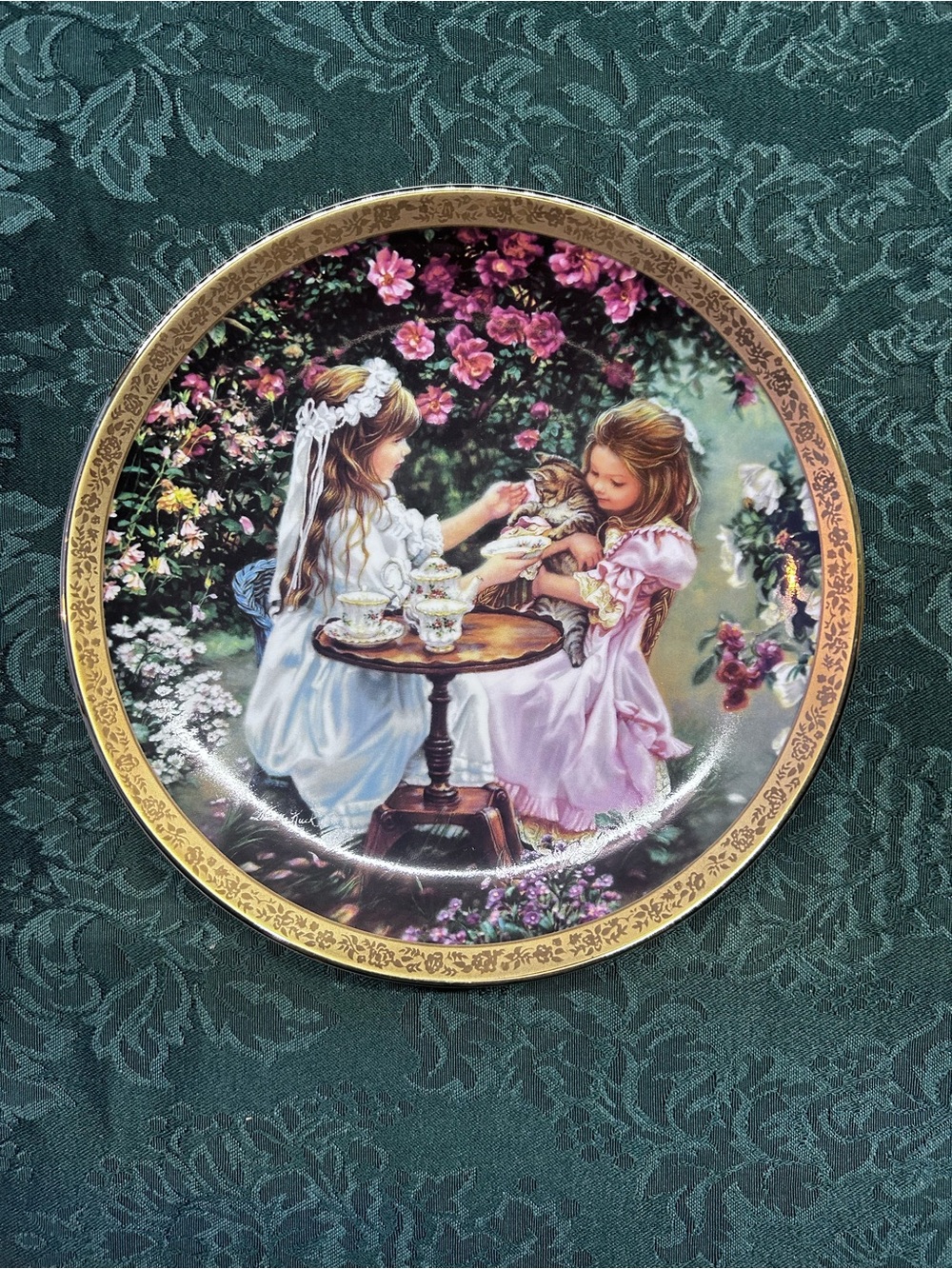 Decorative Collector Plate with Pink and White Victorian Girls Illustration